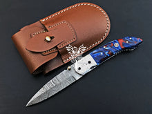 Load image into Gallery viewer, 8" Custom Handmade Damascus Pocket Folding Knife, Liner Lock Folding Pocket Knife with Leather Pouch (KFK-107)