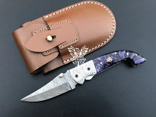 Load image into Gallery viewer, 7.75" Custom Handmade Damascus Pocket Folding Knife, Liner Lock Folding Pocket Knife with Leather Pouch (KFK-117)