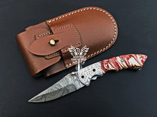 Load image into Gallery viewer, 7" Custom Handmade Damascus Pocket Folding Knife, Liner Lock Folding Pocket Knife with Leather Pouch (KFK-111)