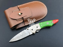Load image into Gallery viewer, 7" Custom Handmade Damascus Pocket Folding Knife, Liner Lock Folding Pocket Knife with Leather Pouch (KFK-115)