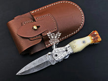 Load image into Gallery viewer, 7" Custom Handmade Damascus Pocket Folding Knife, Liner Lock Folding Pocket Knife with Leather Pouch (KFK-126)