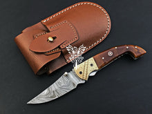 Load image into Gallery viewer, 7.75" Custom Handmade Damascus Pocket Folding Knife, Liner Lock Folding Pocket Knife with Leather Pouch (KFK-103)