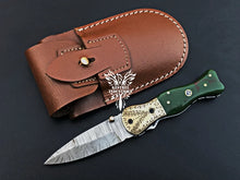 Load image into Gallery viewer, 7" Custom Handmade Damascus Pocket Folding Knife, Liner Lock Folding Pocket Knife with Leather Pouch (KFK-110)
