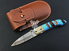 Load image into Gallery viewer, 8" Custom Handmade Damascus Pocket Folding Knife, Liner Lock Folding Pocket Knife with Leather Pouch (KFK-102)