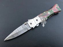 Load image into Gallery viewer, 7" Custom Handmade Damascus Pocket Folding Knife, Liner Lock Folding Pocket Knife with Leather Pouch (KFK-112)