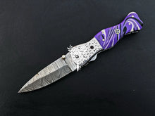 Load image into Gallery viewer, 7" Custom Handmade Damascus Pocket Folding Knife, Liner Lock Folding Pocket Knife with Leather Pouch (KFK-105)