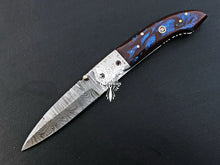 Load image into Gallery viewer, 8" Custom Handmade Damascus Pocket Folding Knife, Liner Lock Folding Pocket Knife with Leather Pouch (KFK-104)