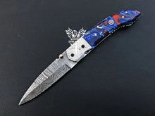 Load image into Gallery viewer, 8" Custom Handmade Damascus Pocket Folding Knife, Liner Lock Folding Pocket Knife with Leather Pouch (KFK-107)