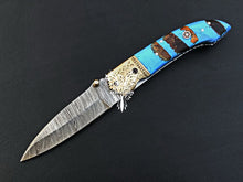 Load image into Gallery viewer, 8" Custom Handmade Damascus Pocket Folding Knife, Liner Lock Folding Pocket Knife with Leather Pouch (KFK-102)