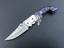 Load image into Gallery viewer, 7.75" Custom Handmade Damascus Pocket Folding Knife, Liner Lock Folding Pocket Knife with Leather Pouch (KFK-117)