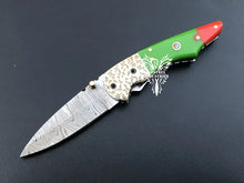 Load image into Gallery viewer, 7" Custom Handmade Damascus Pocket Folding Knife, Liner Lock Folding Pocket Knife with Leather Pouch (KFK-115)