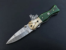 Load image into Gallery viewer, 7" Custom Handmade Damascus Pocket Folding Knife, Liner Lock Folding Pocket Knife with Leather Pouch (KFK-110)