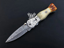 Load image into Gallery viewer, 7" Custom Handmade Damascus Pocket Folding Knife, Liner Lock Folding Pocket Knife with Leather Pouch (KFK-126)