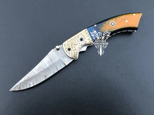 Load image into Gallery viewer, 7" Custom Handmade Damascus Pocket Folding Knife, Liner Lock Folding Pocket Knife with Leather Pouch (KFK-120)