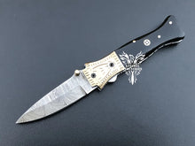Load image into Gallery viewer, 7" Custom Handmade Damascus Pocket Folding Knife, Liner Lock Folding Pocket Knife with Leather Pouch (KFK-121)