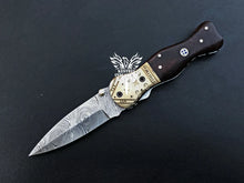 Load image into Gallery viewer, 7" Custom Handmade Damascus Pocket Folding Knife, Liner Lock Folding Pocket Knife with Leather Pouch (KFK-108)
