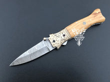 Load image into Gallery viewer, 7" Custom Handmade Damascus Pocket Folding Knife, Liner Lock Folding Pocket Knife with Leather Pouch (KFK-125)