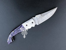 Load image into Gallery viewer, 7.75" Custom Handmade Damascus Pocket Folding Knife, Liner Lock Folding Pocket Knife with Leather Pouch (KFK-117)