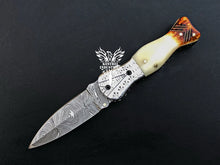 Load image into Gallery viewer, 7" Custom Handmade Damascus Pocket Folding Knife, Liner Lock Folding Pocket Knife with Leather Pouch (KFK-126)