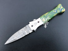 Load image into Gallery viewer, 7" Custom Handmade Damascus Pocket Folding Knife, Liner Lock Folding Pocket Knife with Leather Pouch (KFK-118)