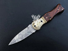 Load image into Gallery viewer, 7" Custom Handmade Damascus Pocket Folding Knife, Liner Lock Folding Pocket Knife with Leather Pouch (KFK-108)