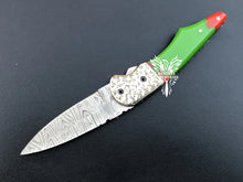 Load image into Gallery viewer, 7" Custom Handmade Damascus Pocket Folding Knife, Liner Lock Folding Pocket Knife with Leather Pouch (KFK-115)