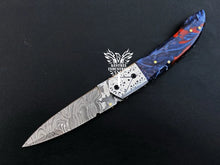 Load image into Gallery viewer, 8" Custom Handmade Damascus Pocket Folding Knife, Liner Lock Folding Pocket Knife with Leather Pouch (KFK-107)