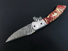 Load image into Gallery viewer, 7" Custom Handmade Damascus Pocket Folding Knife, Liner Lock Folding Pocket Knife with Leather Pouch (KFK-111)