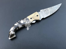 Load image into Gallery viewer, 7.75" Custom Handmade Damascus Pocket Folding Knife, Liner Lock Folding Pocket Knife with Leather Pouch (KFK-114)