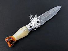 Load image into Gallery viewer, 7" Custom Handmade Damascus Pocket Folding Knife, Liner Lock Folding Pocket Knife with Leather Pouch (KFK-126)