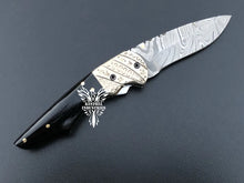 Load image into Gallery viewer, 7" Custom Handmade Damascus Pocket Folding Knife, Liner Lock Folding Pocket Knife with Leather Pouch (KFK-123)