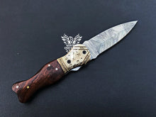 Load image into Gallery viewer, 7" Custom Handmade Damascus Pocket Folding Knife, Liner Lock Folding Pocket Knife with Leather Pouch (KFK-108)
