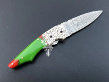 Load image into Gallery viewer, 7" Custom Handmade Damascus Pocket Folding Knife, Liner Lock Folding Pocket Knife with Leather Pouch (KFK-115)