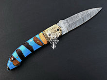 Load image into Gallery viewer, 8" Custom Handmade Damascus Pocket Folding Knife, Liner Lock Folding Pocket Knife with Leather Pouch (KFK-102)
