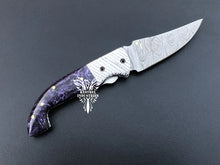 Load image into Gallery viewer, 7.75" Custom Handmade Damascus Pocket Folding Knife, Liner Lock Folding Pocket Knife with Leather Pouch (KFK-117)