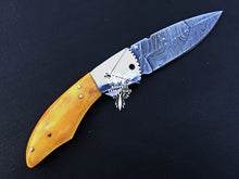 Load image into Gallery viewer, 7.5" Custom Handmade Damascus Pocket Folding Knife, Liner Lock Folding Pocket Knife with Leather Pouch (KFK-101)
