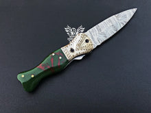 Load image into Gallery viewer, 7" Custom Handmade Damascus Pocket Folding Knife, Liner Lock Folding Pocket Knife with Leather Pouch (KFK-110)