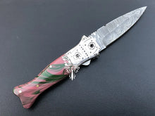 Load image into Gallery viewer, 7" Custom Handmade Damascus Pocket Folding Knife, Liner Lock Folding Pocket Knife with Leather Pouch (KFK-112)