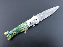 Load image into Gallery viewer, 7" Custom Handmade Damascus Pocket Folding Knife, Liner Lock Folding Pocket Knife with Leather Pouch (KFK-118)