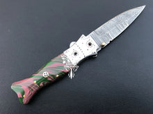 Load image into Gallery viewer, 7" Custom Handmade Damascus Pocket Folding Knife, Liner Lock Folding Pocket Knife with Leather Pouch (KFK-112)