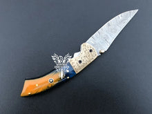 Load image into Gallery viewer, 7" Custom Handmade Damascus Pocket Folding Knife, Liner Lock Folding Pocket Knife with Leather Pouch (KFK-120)