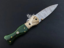 Load image into Gallery viewer, 7" Custom Handmade Damascus Pocket Folding Knife, Liner Lock Folding Pocket Knife with Leather Pouch (KFK-110)