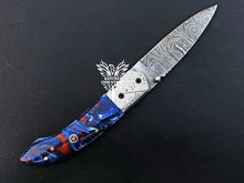 Load image into Gallery viewer, 8" Custom Handmade Damascus Pocket Folding Knife, Liner Lock Folding Pocket Knife with Leather Pouch (KFK-107)