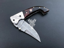 Load image into Gallery viewer, 7.75" Custom Handmade Damascus Pocket Folding Knife, Liner Lock Folding Pocket Knife with Leather Pouch (KFK-113)