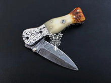 Load image into Gallery viewer, 7" Custom Handmade Damascus Pocket Folding Knife, Liner Lock Folding Pocket Knife with Leather Pouch (KFK-126)