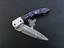 Load image into Gallery viewer, 8" Custom Handmade Damascus Pocket Folding Knife, Liner Lock Folding Pocket Knife with Leather Pouch (KFK-104)