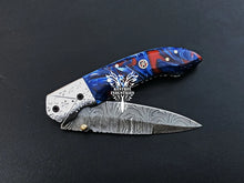 Load image into Gallery viewer, 8" Custom Handmade Damascus Pocket Folding Knife, Liner Lock Folding Pocket Knife with Leather Pouch (KFK-107)