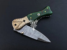 Load image into Gallery viewer, 7" Custom Handmade Damascus Pocket Folding Knife, Liner Lock Folding Pocket Knife with Leather Pouch (KFK-110)