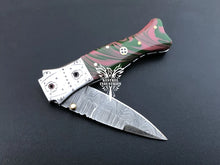 Load image into Gallery viewer, 7" Custom Handmade Damascus Pocket Folding Knife, Liner Lock Folding Pocket Knife with Leather Pouch (KFK-112)