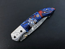 Load image into Gallery viewer, 8" Custom Handmade Damascus Pocket Folding Knife, Liner Lock Folding Pocket Knife with Leather Pouch (KFK-107)